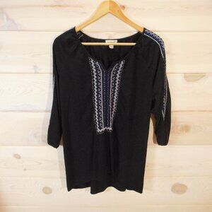 One World Women’s size XL Embroidered Blouse 3/4 Sleeve Top Black Boho